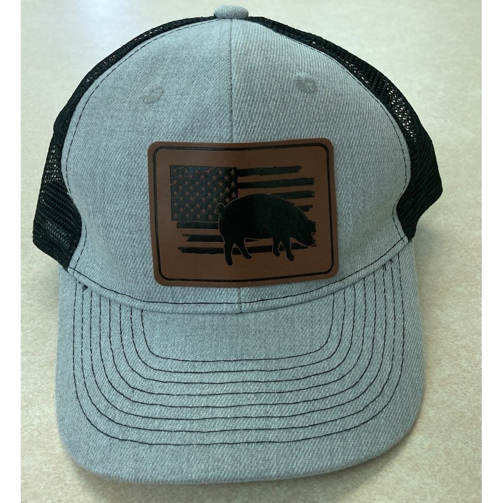 Flag Pig Leather Patch Gray Black Hat Cap Snap Back Mesh Truckers Hat